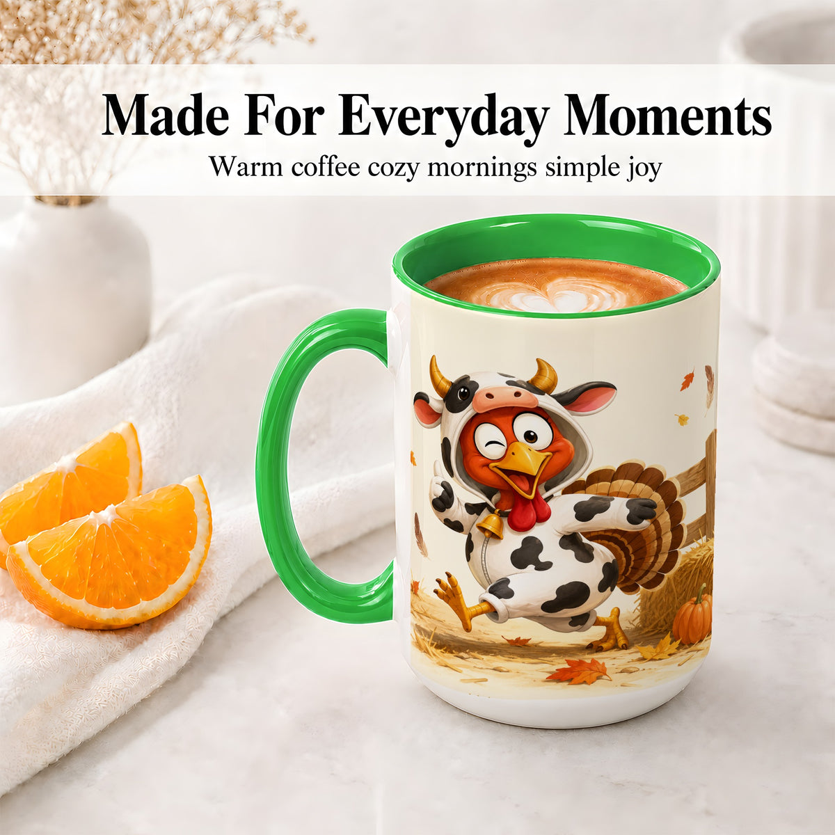 #pl[15oz|Green] Funny Turkey Accent Mug, Ceramic Mug with Cow Costume Fall Artwork