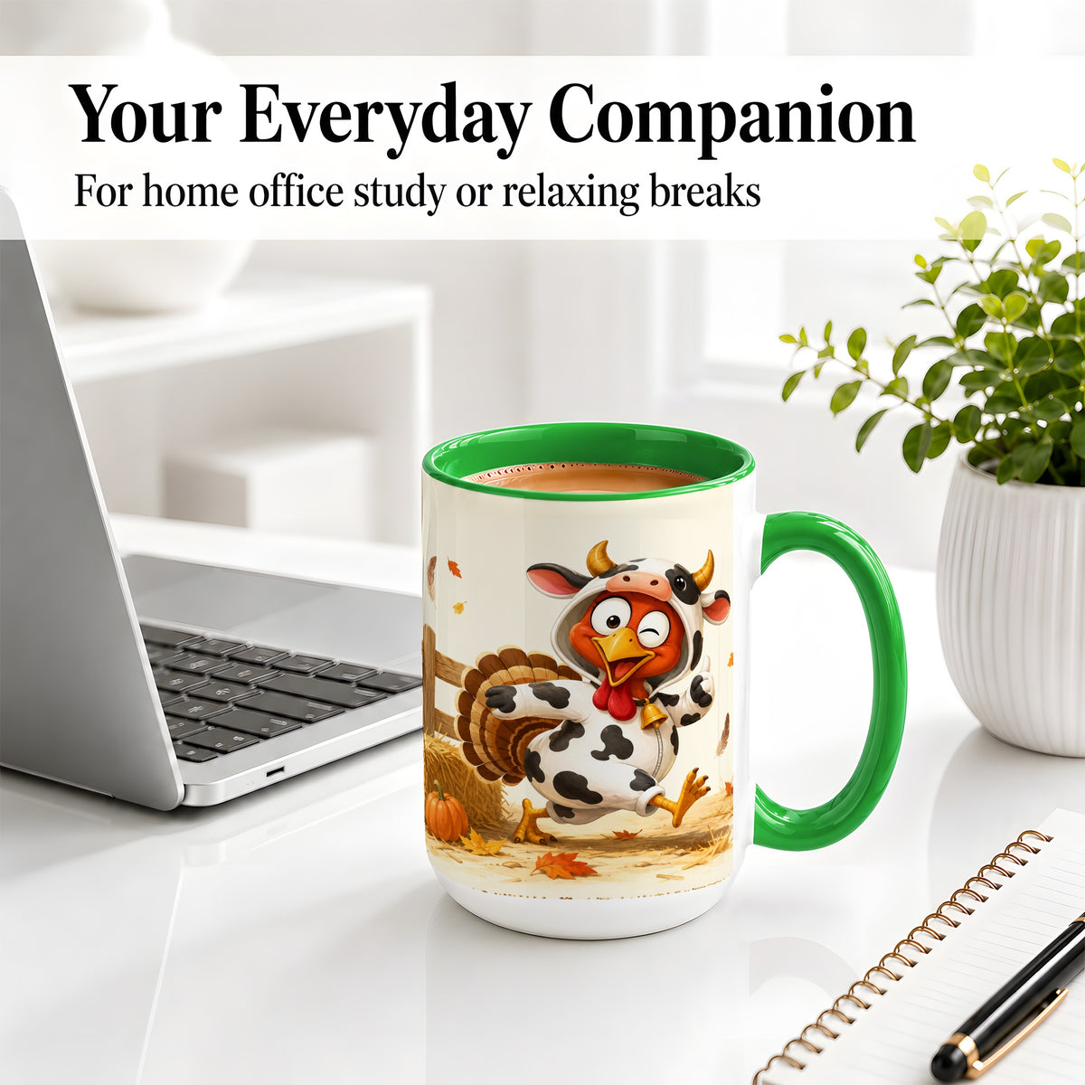 #pl[15oz|Green] Funny Turkey Accent Mug, Ceramic Mug with Cow Costume Fall Artwork