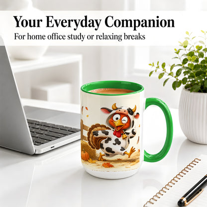 #pl[15oz|Green] Funny Turkey Accent Mug, Ceramic Mug with Cow Costume Fall Artwork