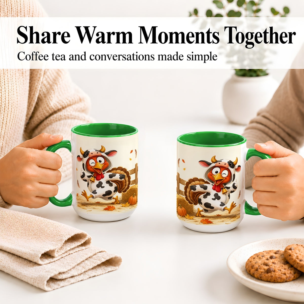 #pl[15oz|Green] Funny Turkey Accent Mug, Ceramic Mug with Cow Costume Fall Artwork