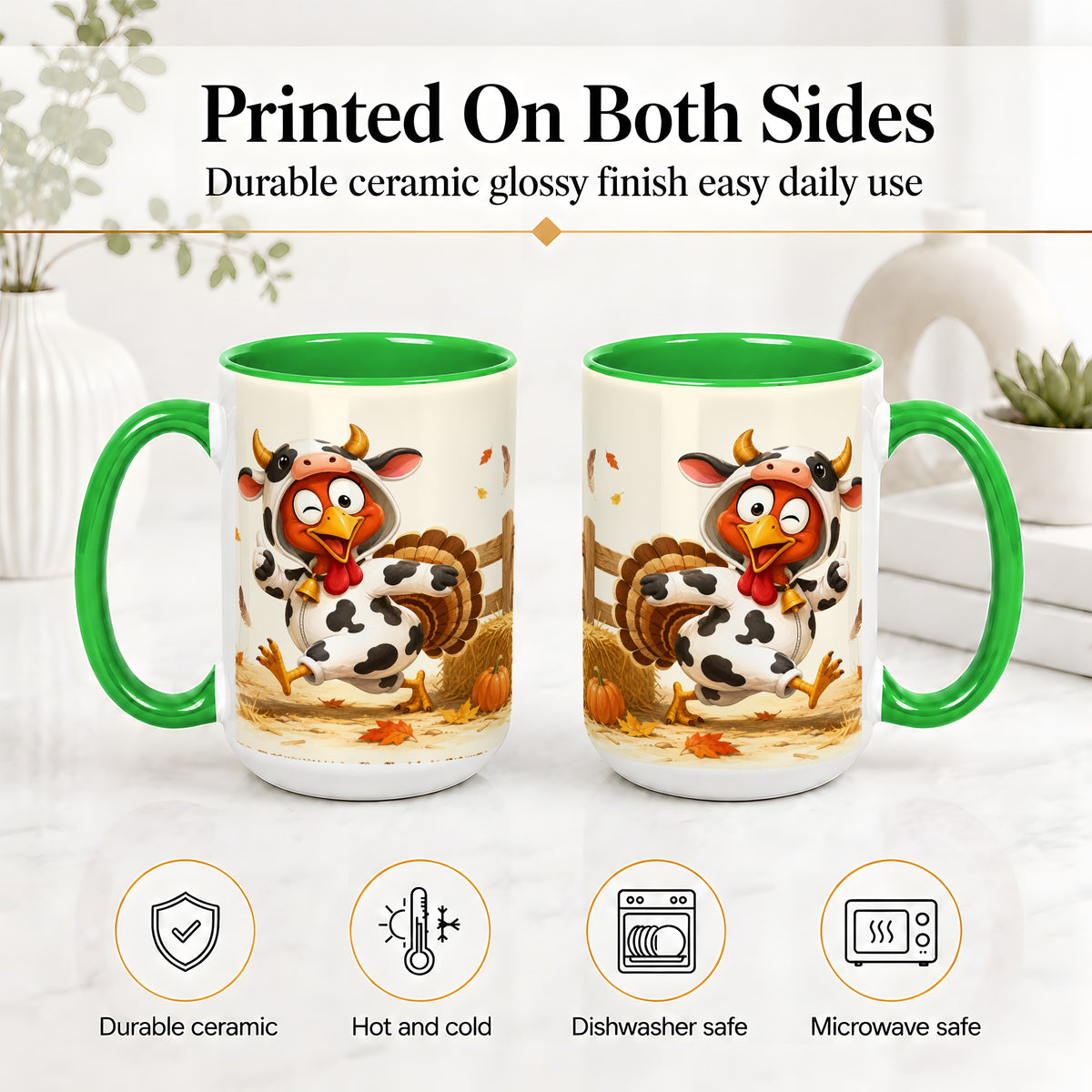 #pl[15oz|Green] Funny Turkey Accent Mug, Ceramic Mug with Cow Costume Fall Artwork