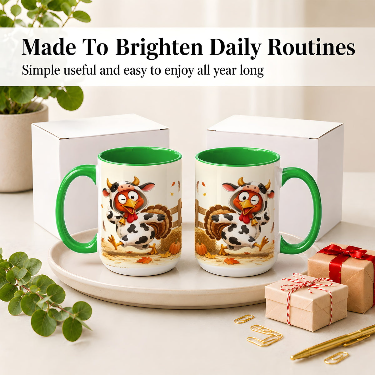 #pl[15oz|Green] Funny Turkey Accent Mug, Ceramic Mug with Cow Costume Fall Artwork
