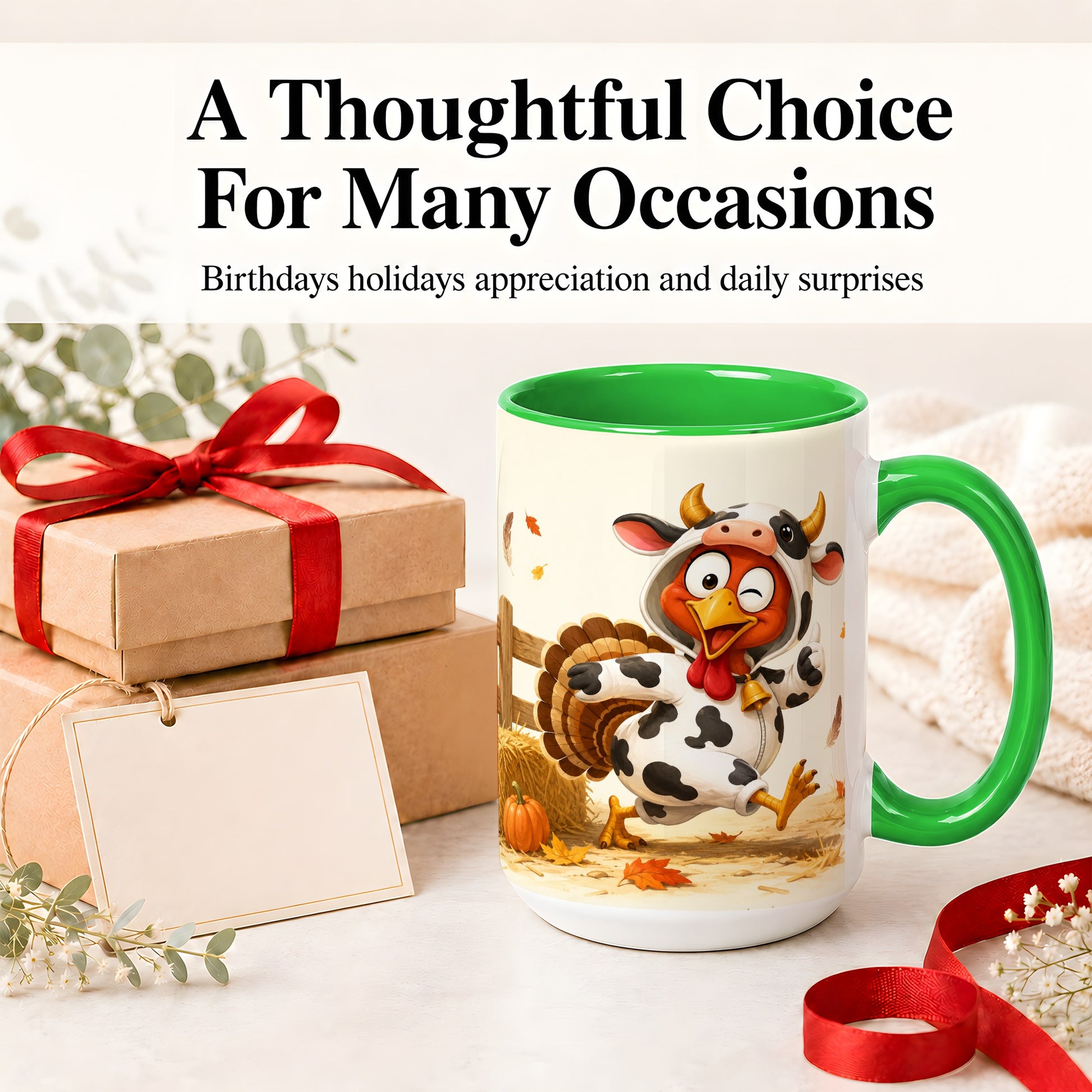 #pl[15oz|Green] Funny Turkey Accent Mug, Ceramic Mug with Cow Costume Fall Artwork