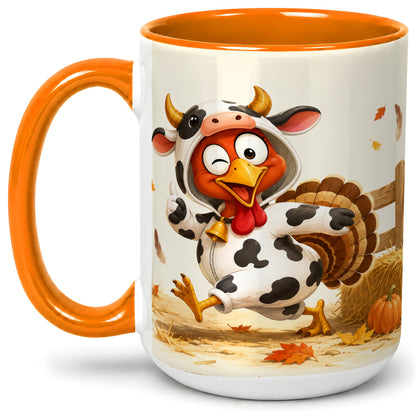 #pl[15oz|Orange] Funny Turkey Accent Mug, Ceramic Mug with Cow Costume Fall Artwork