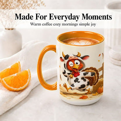 #pl[15oz|Orange] Funny Turkey Accent Mug, Ceramic Mug with Cow Costume Fall Artwork