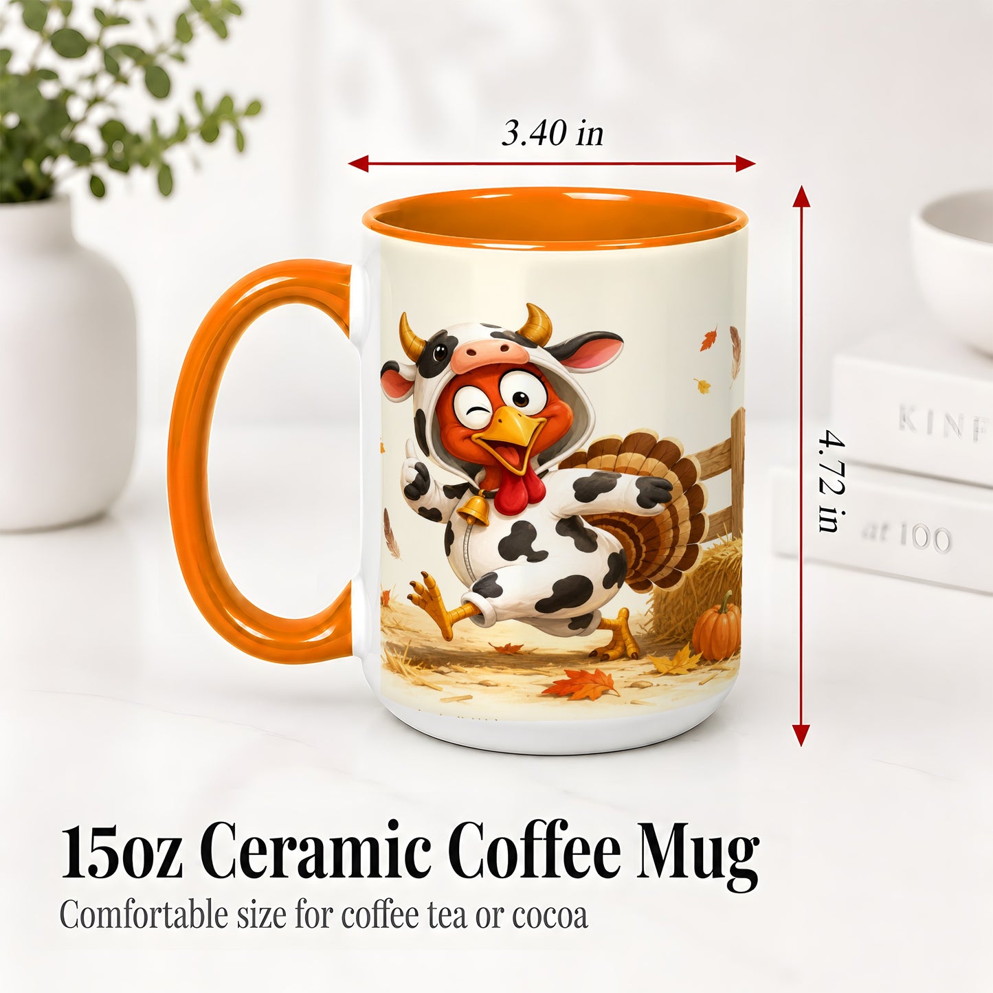 #pl[15oz|Orange] Funny Turkey Accent Mug, Ceramic Mug with Cow Costume Fall Artwork