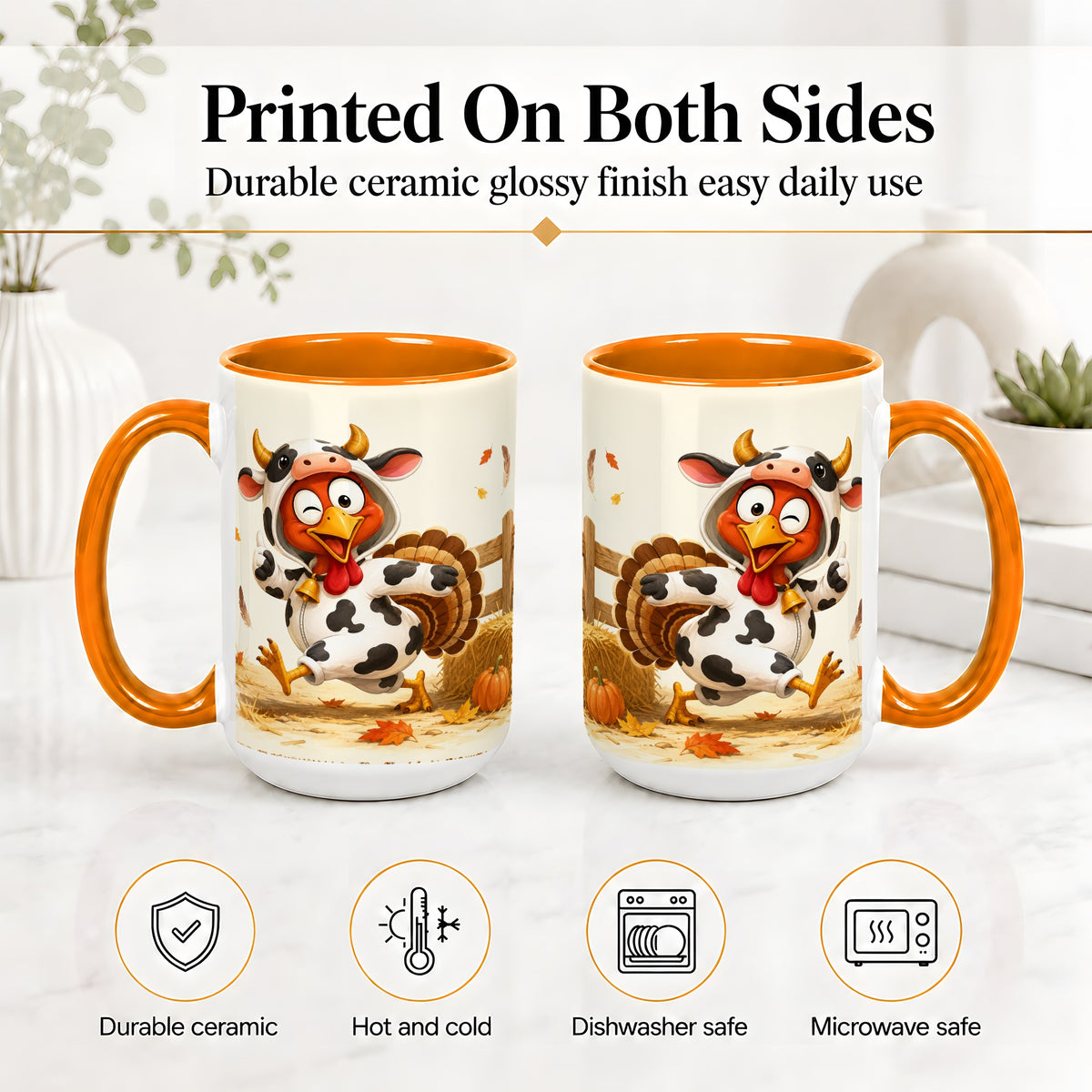 #pl[15oz|Orange] Funny Turkey Accent Mug, Ceramic Mug with Cow Costume Fall Artwork