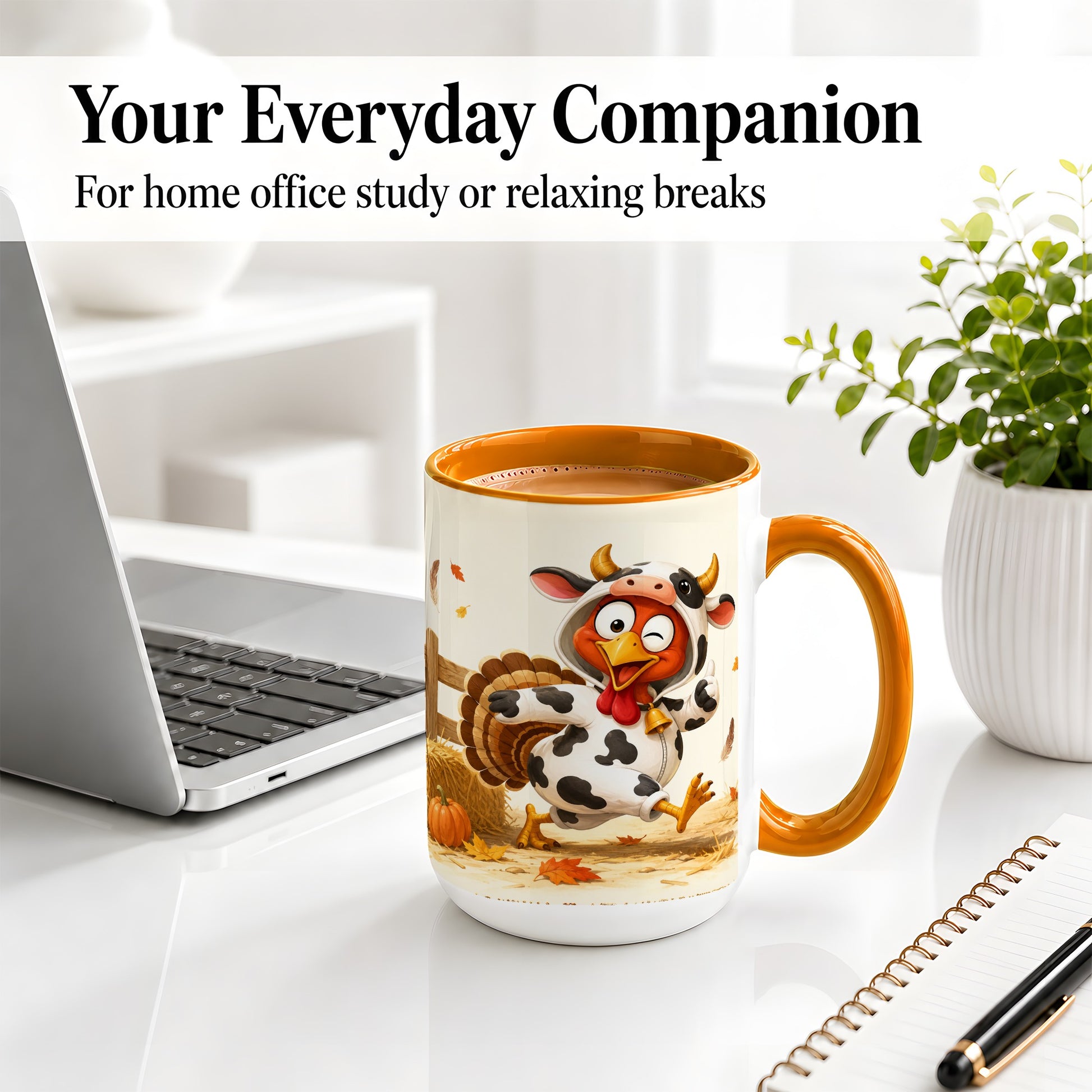 #pl[15oz|Orange] Funny Turkey Accent Mug, Ceramic Mug with Cow Costume Fall Artwork