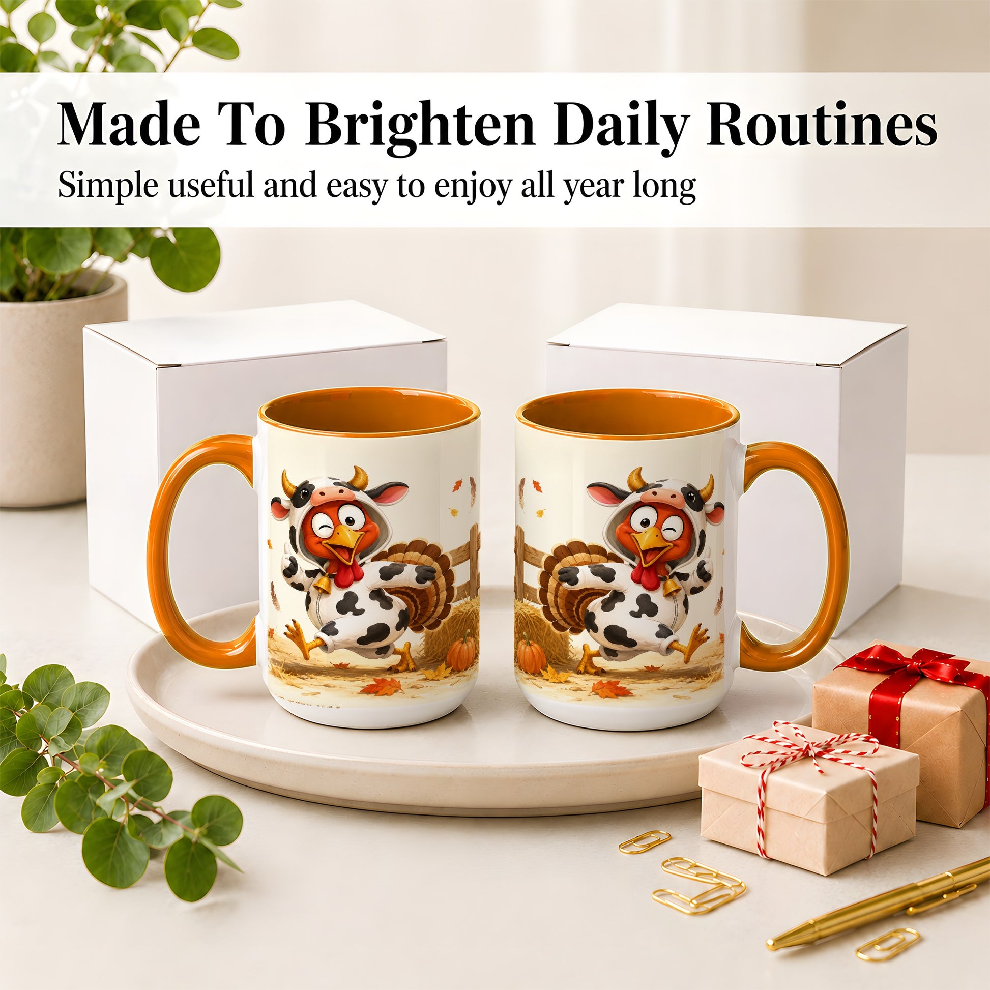 #pl[15oz|Orange] Funny Turkey Accent Mug, Ceramic Mug with Cow Costume Fall Artwork