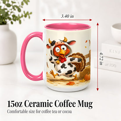 #pl[15oz|Pink] Funny Turkey Accent Mug, Ceramic Mug with Cow Costume Fall Artwork