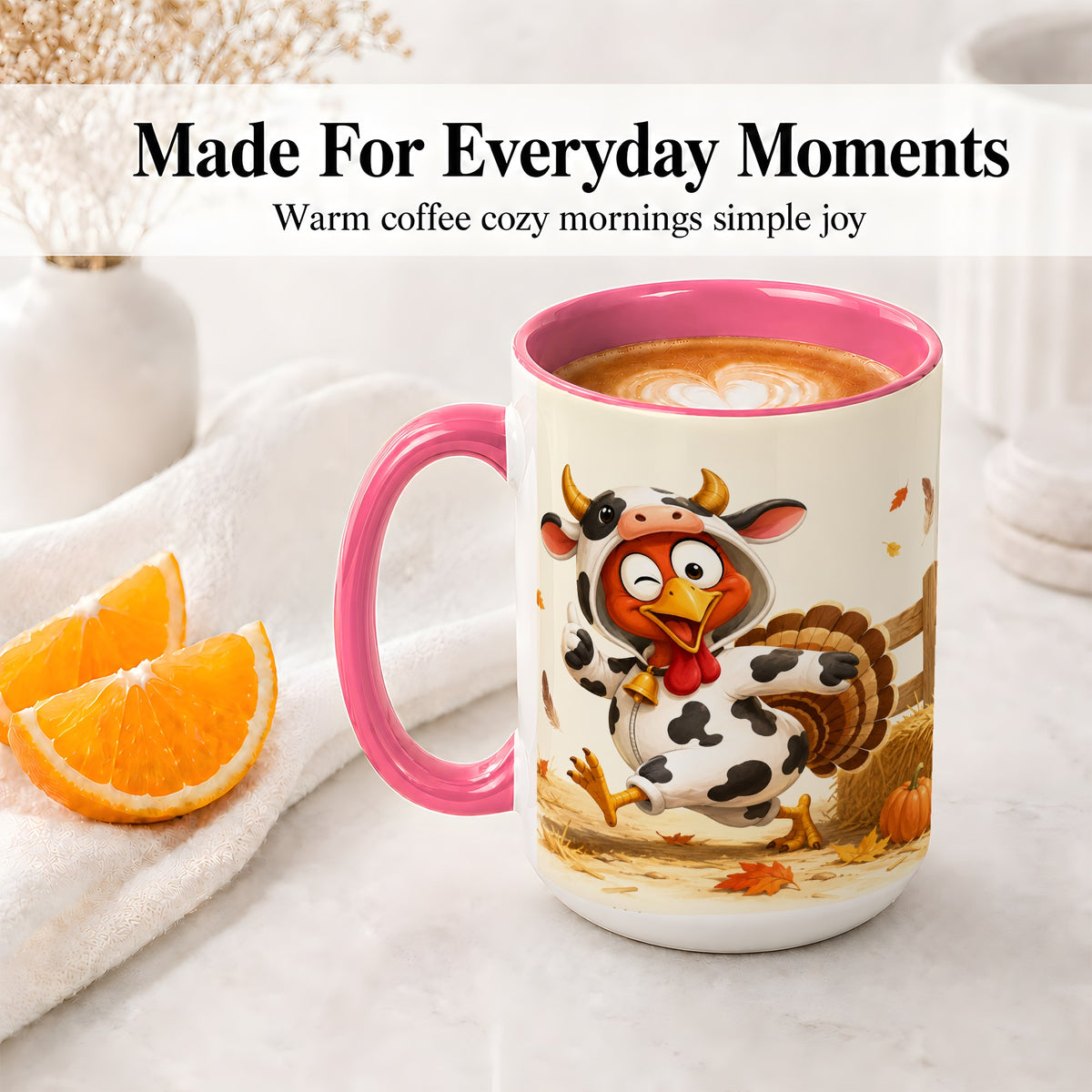 #pl[15oz|Pink] Funny Turkey Accent Mug, Ceramic Mug with Cow Costume Fall Artwork
