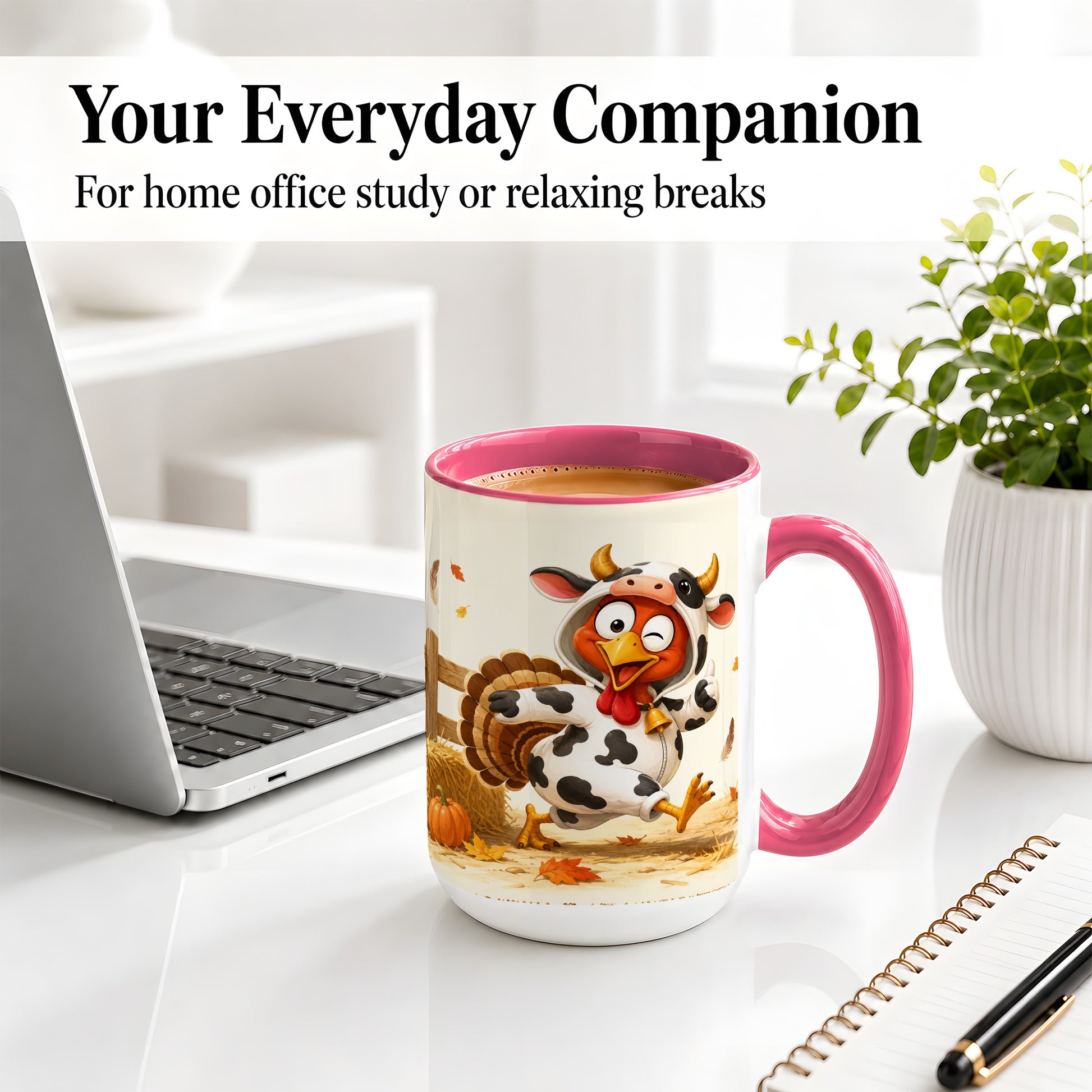 #pl[15oz|Pink] Funny Turkey Accent Mug, Ceramic Mug with Cow Costume Fall Artwork
