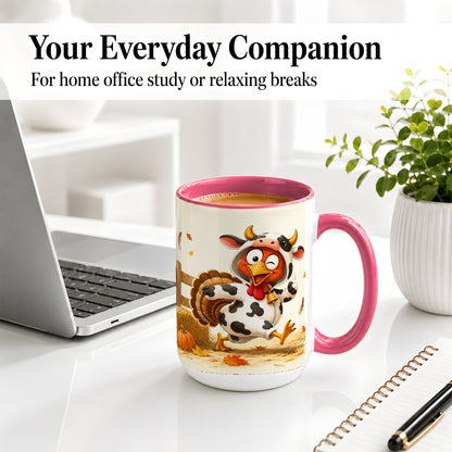 #pl[15oz|Pink] Funny Turkey Accent Mug, Ceramic Mug with Cow Costume Fall Artwork