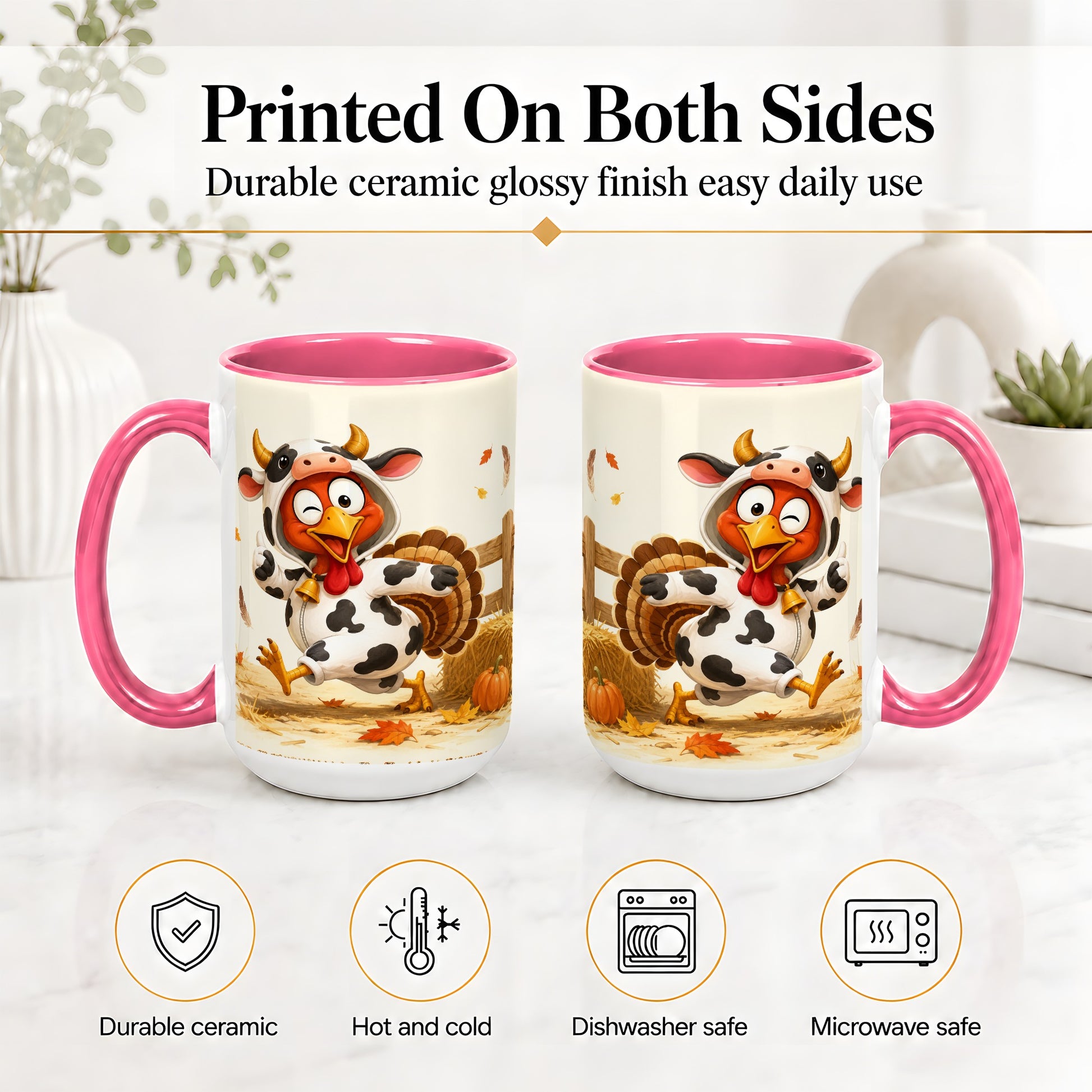#pl[15oz|Pink] Funny Turkey Accent Mug, Ceramic Mug with Cow Costume Fall Artwork