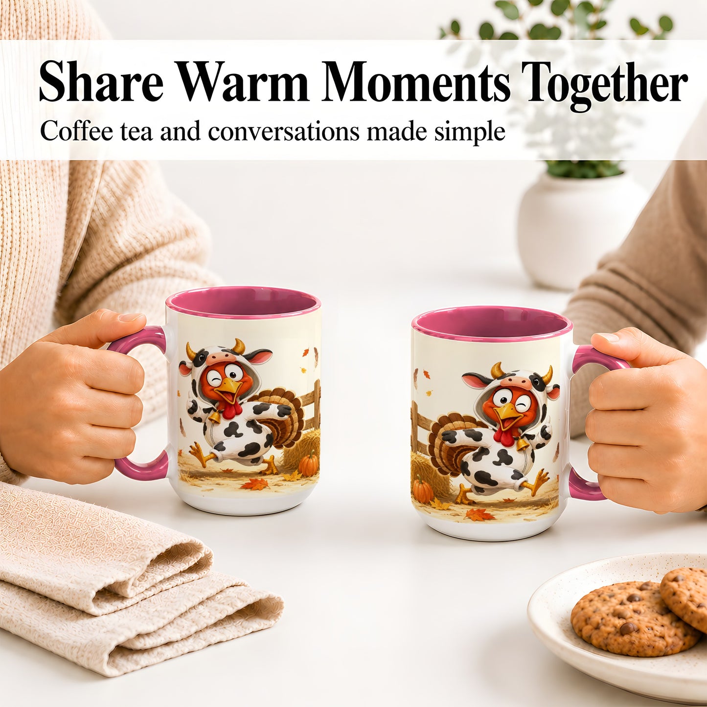 #pl[15oz|Pink] Funny Turkey Accent Mug, Ceramic Mug with Cow Costume Fall Artwork