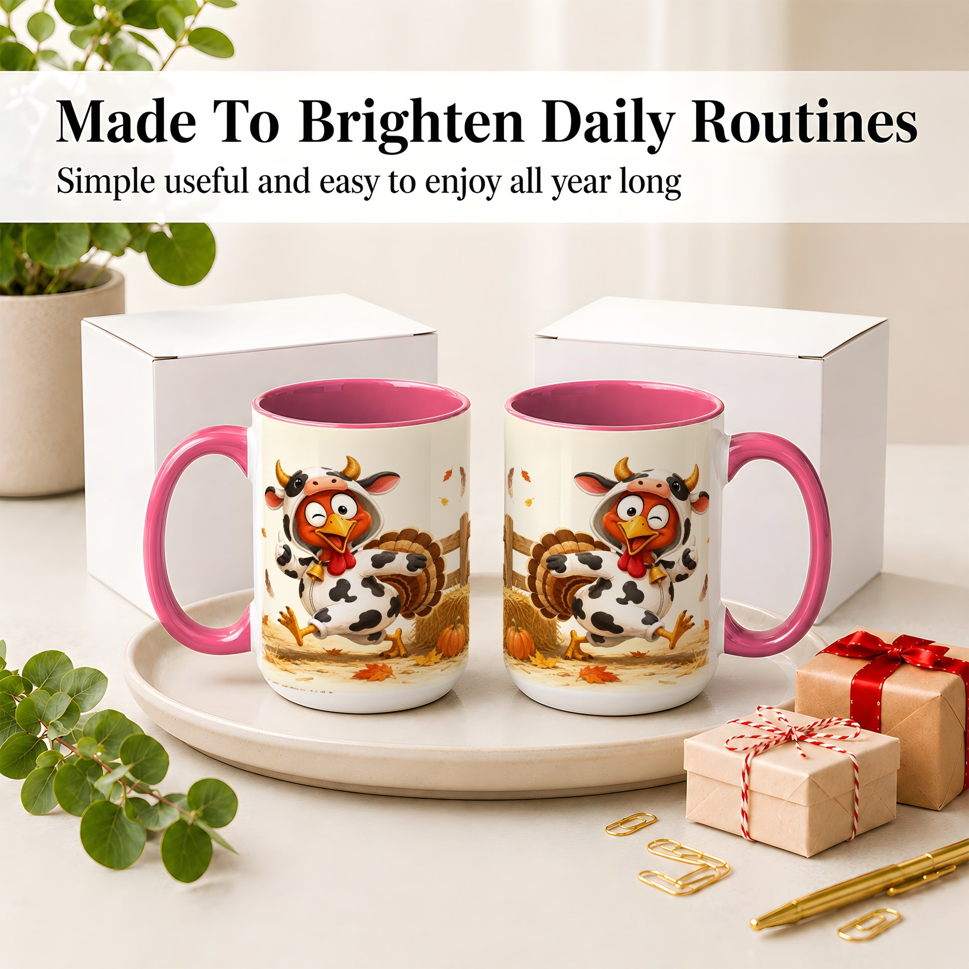 #pl[15oz|Pink] Funny Turkey Accent Mug, Ceramic Mug with Cow Costume Fall Artwork