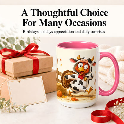 #pl[15oz|Pink] Funny Turkey Accent Mug, Ceramic Mug with Cow Costume Fall Artwork