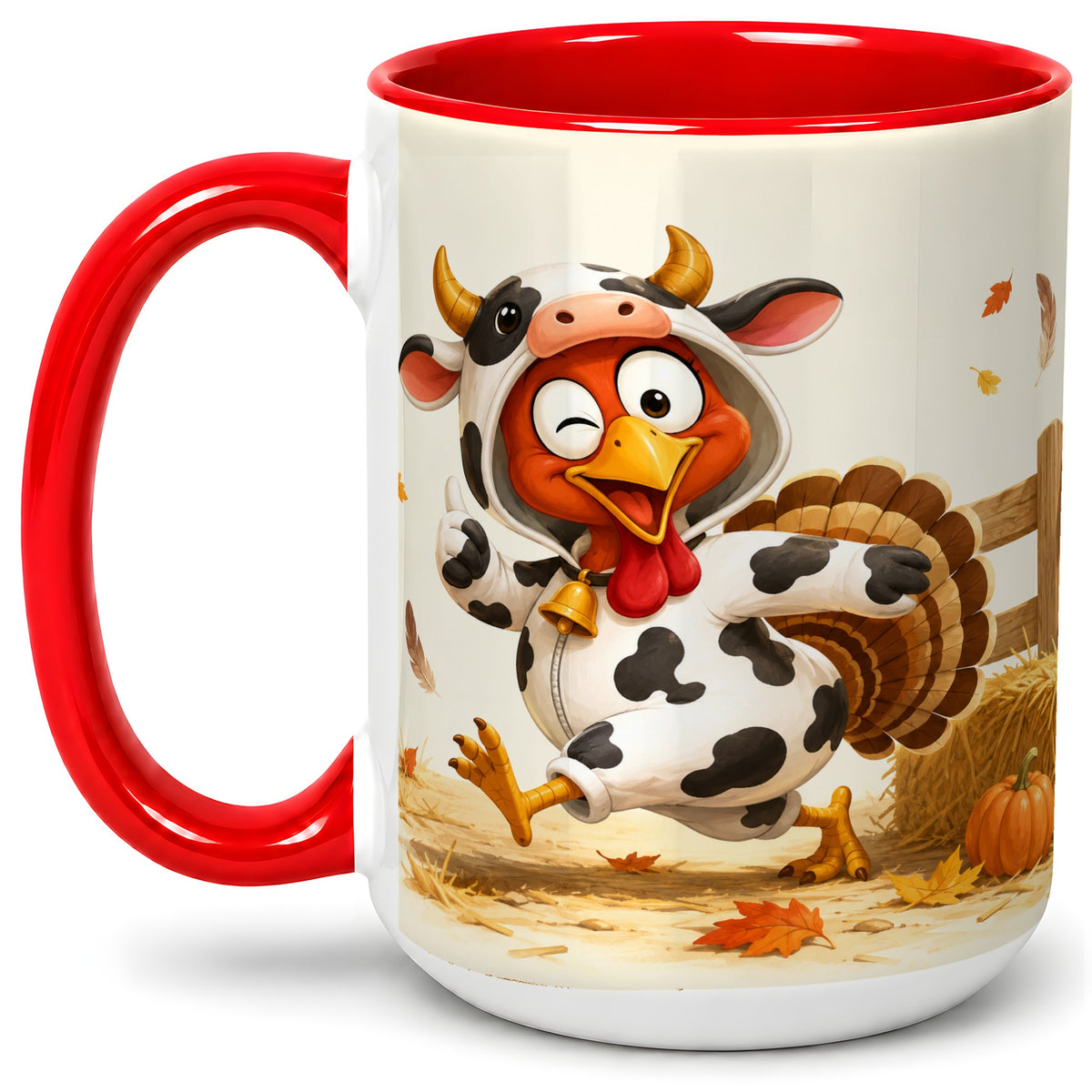 #pl[15oz|Red] Funny Turkey Accent Mug, Ceramic Mug with Cow Costume Fall Artwork