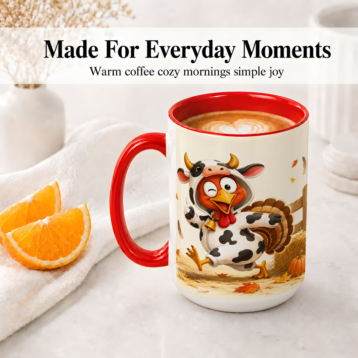 #pl[15oz|Red] Funny Turkey Accent Mug, Ceramic Mug with Cow Costume Fall Artwork
