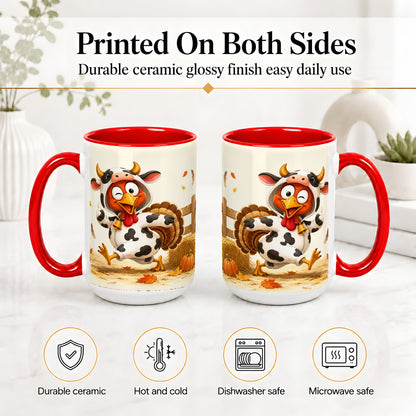 #pl[15oz|Red] Funny Turkey Accent Mug, Ceramic Mug with Cow Costume Fall Artwork