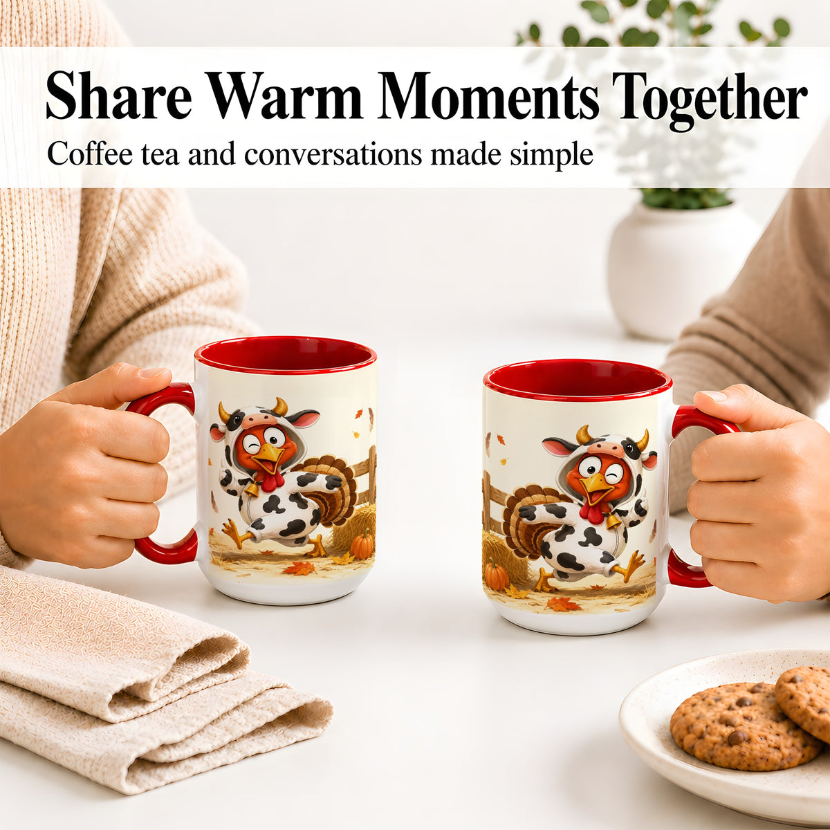 #pl[15oz|Red] Funny Turkey Accent Mug, Ceramic Mug with Cow Costume Fall Artwork