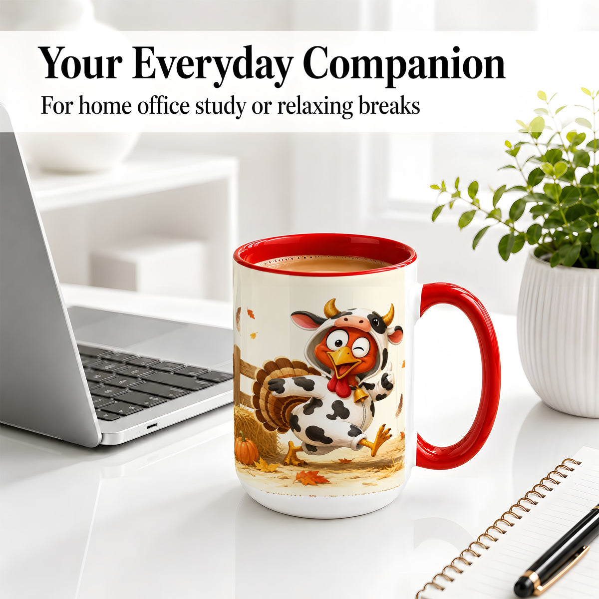 #pl[15oz|Red] Funny Turkey Accent Mug, Ceramic Mug with Cow Costume Fall Artwork