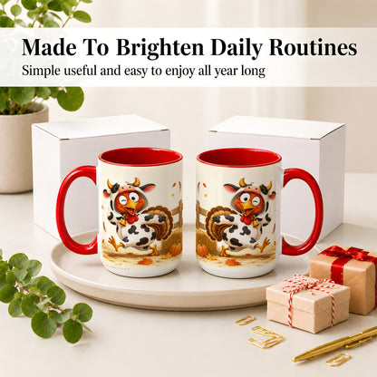 #pl[15oz|Red] Funny Turkey Accent Mug, Ceramic Mug with Cow Costume Fall Artwork