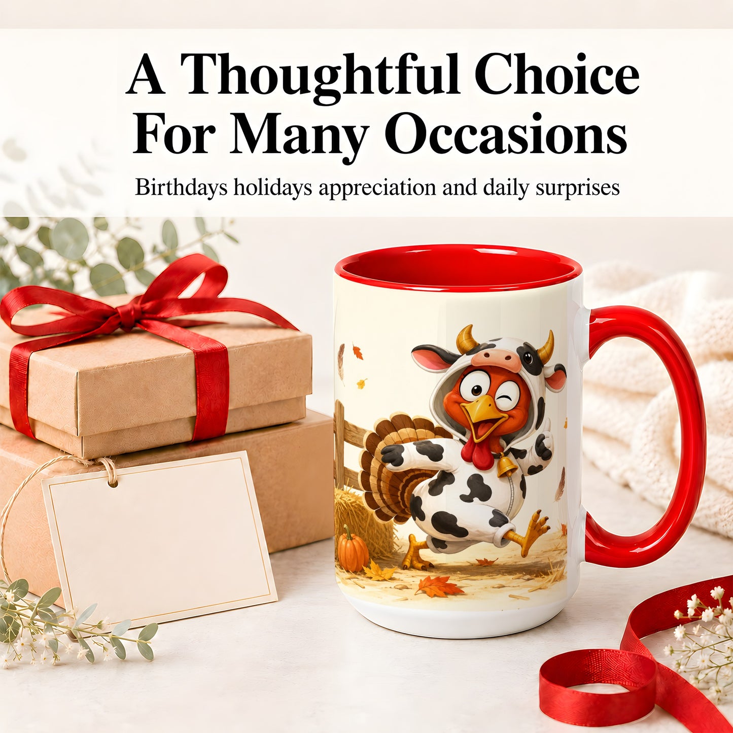 #pl[15oz|Red] Funny Turkey Accent Mug, Ceramic Mug with Cow Costume Fall Artwork