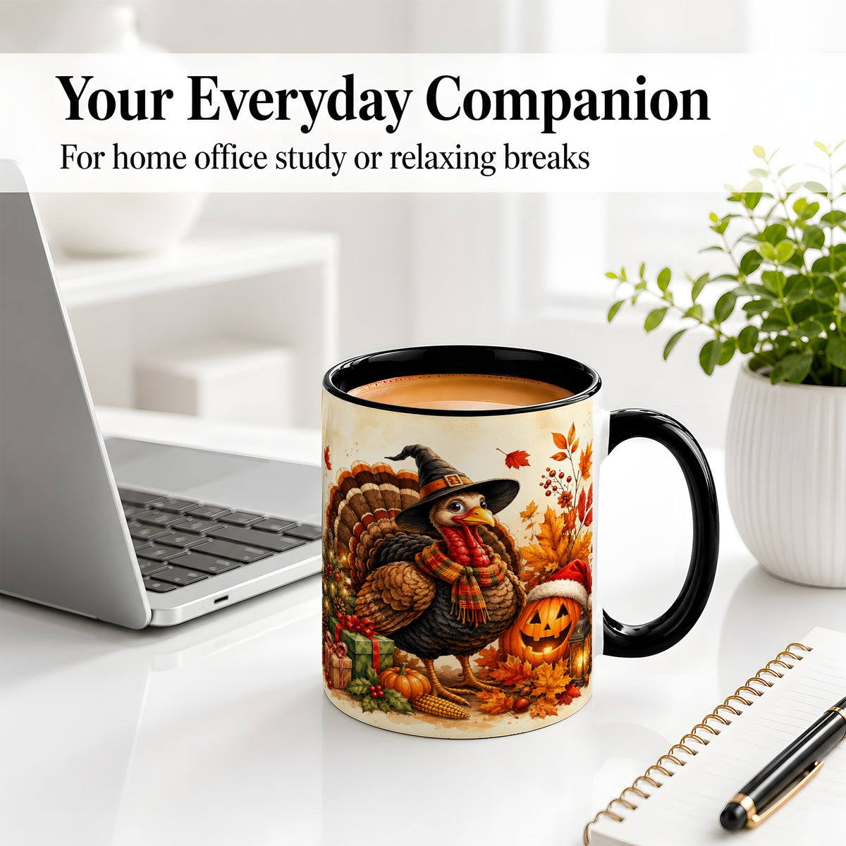 #pl[11oz|Black] Holiday Turkey Accent Mug, Ceramic Mug with Witch Hat Autumn Art