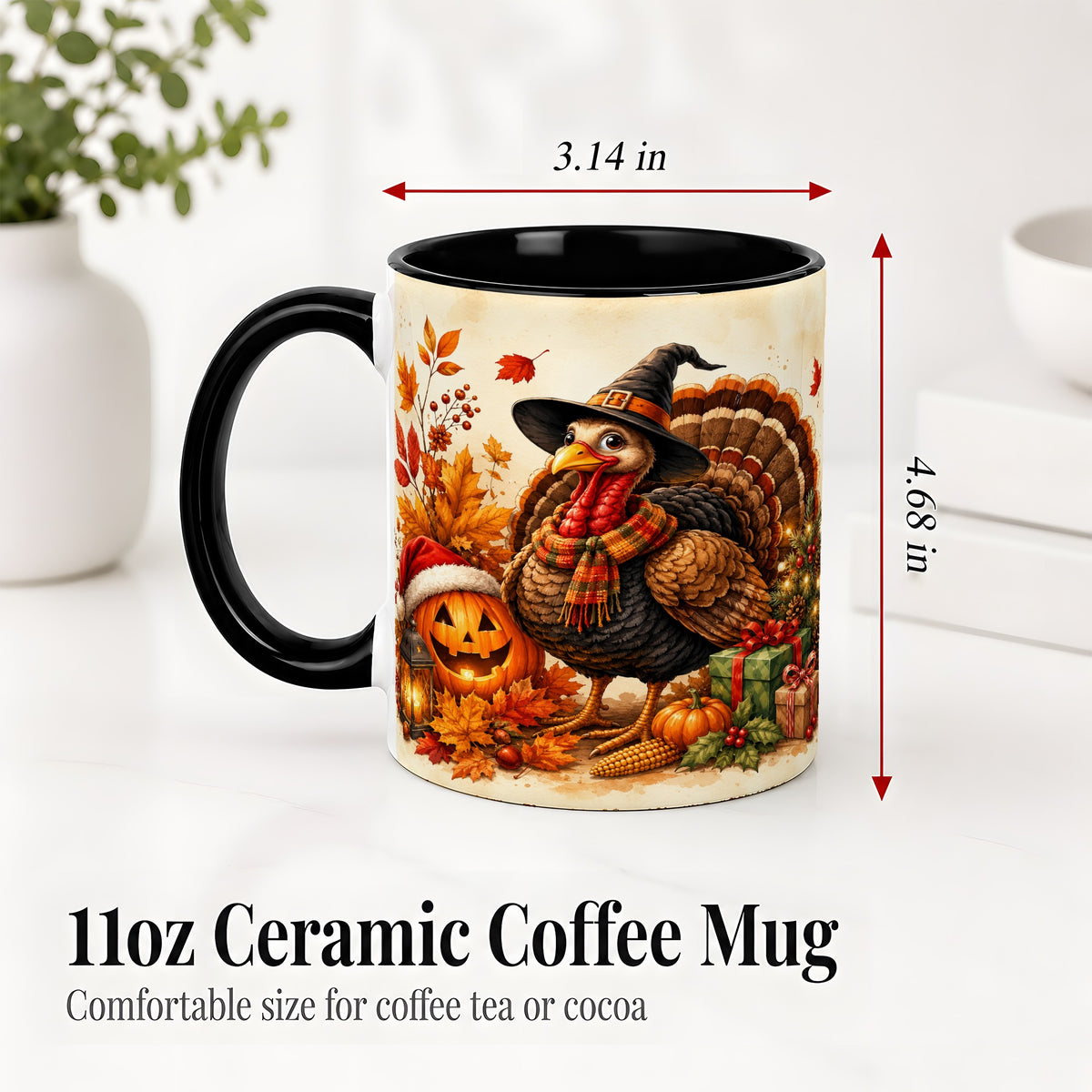 #pl[11oz|Black] Holiday Turkey Accent Mug, Ceramic Mug with Witch Hat Autumn Art