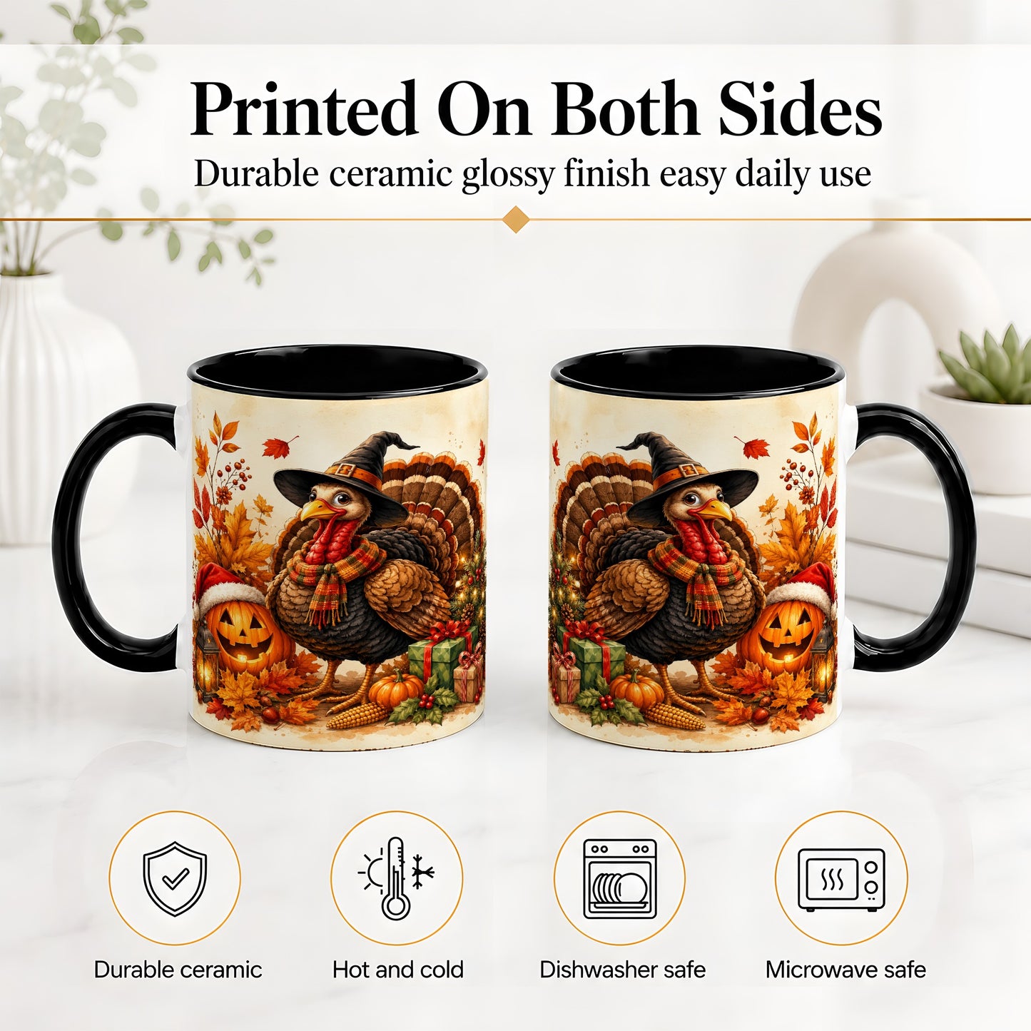 #pl[11oz|Black] Holiday Turkey Accent Mug, Ceramic Mug with Witch Hat Autumn Art