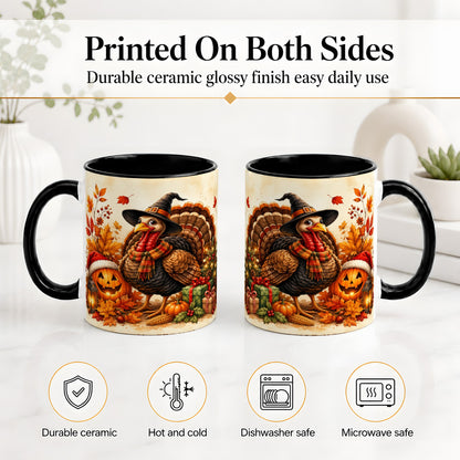 #pl[11oz|Black] Holiday Turkey Accent Mug, Ceramic Mug with Witch Hat Autumn Art