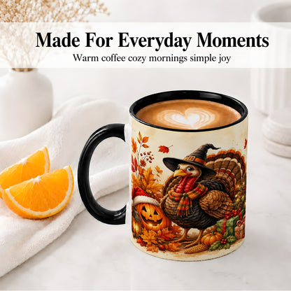 #pl[11oz|Black] Holiday Turkey Accent Mug, Ceramic Mug with Witch Hat Autumn Art