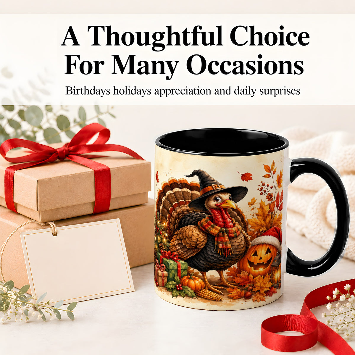 #pl[11oz|Black] Holiday Turkey Accent Mug, Ceramic Mug with Witch Hat Autumn Art