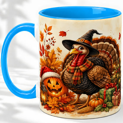 #pl[11oz|Blue] Holiday Turkey Accent Mug, Ceramic Mug with Witch Hat Autumn Art