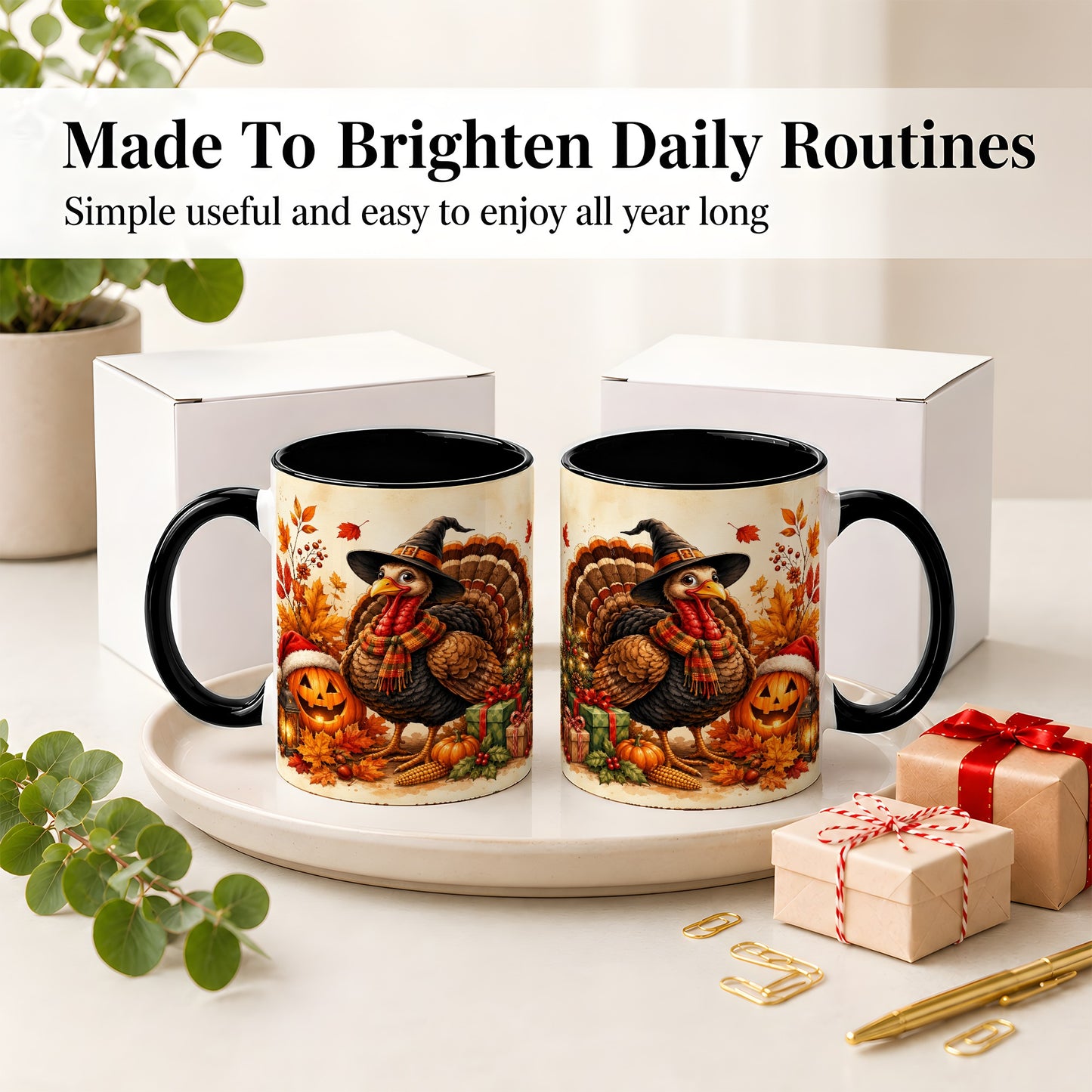 #pl[11oz|Black] Holiday Turkey Accent Mug, Ceramic Mug with Witch Hat Autumn Art