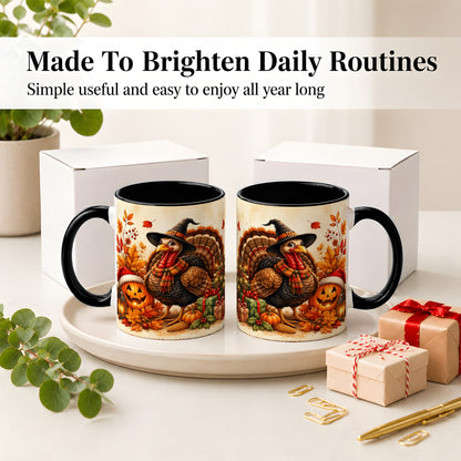 #pl[11oz|Black] Holiday Turkey Accent Mug, Ceramic Mug with Witch Hat Autumn Art