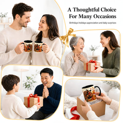 #pl[11oz|Black] Holiday Turkey Accent Mug, Ceramic Mug with Witch Hat Autumn Art