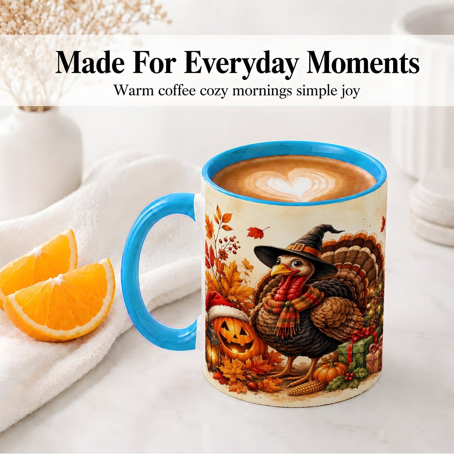 #pl[11oz|Blue] Holiday Turkey Accent Mug, Ceramic Mug with Witch Hat Autumn Art