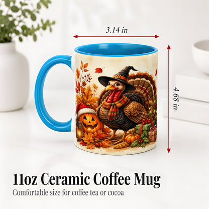 #pl[11oz|Blue] Holiday Turkey Accent Mug, Ceramic Mug with Witch Hat Autumn Art