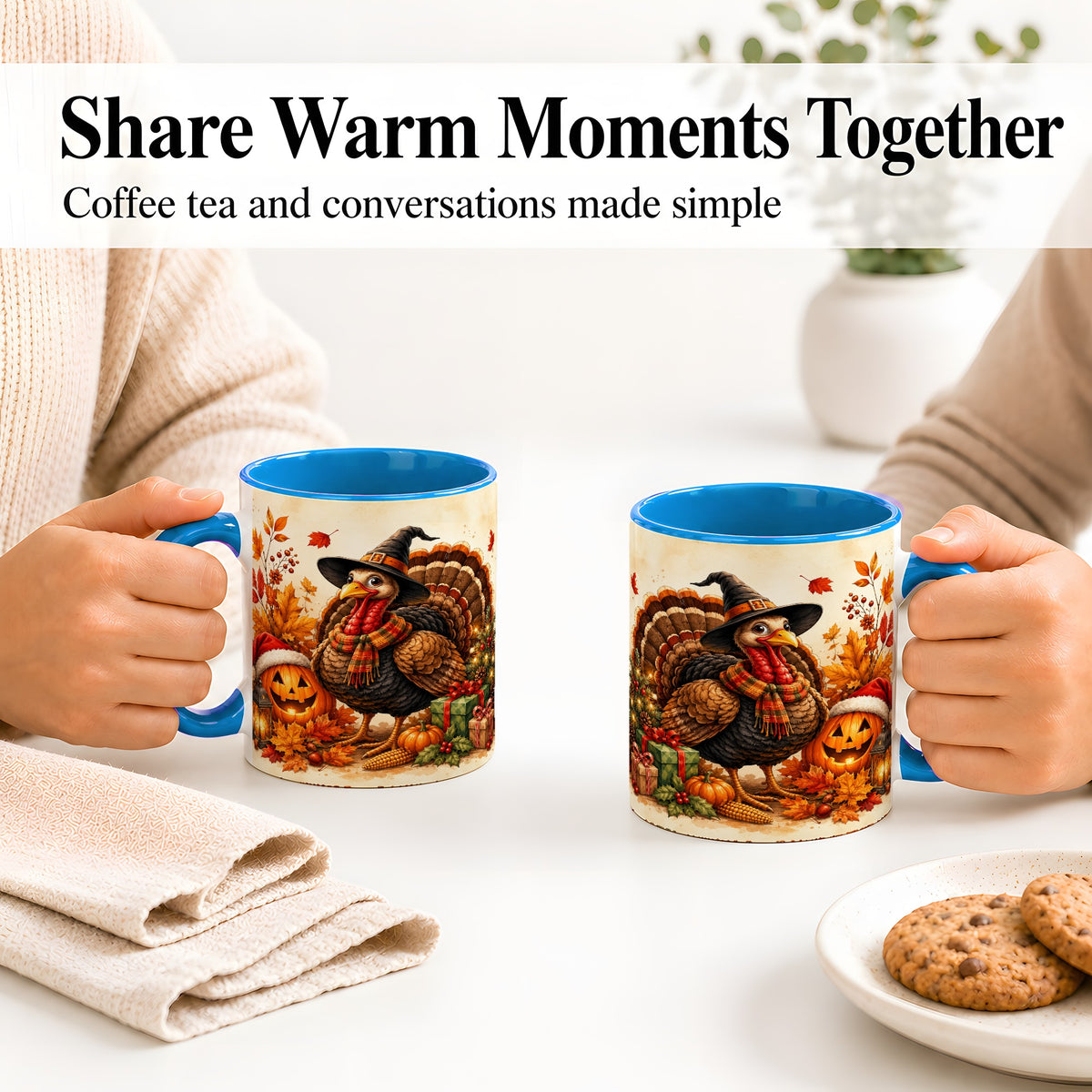 #pl[11oz|Blue] Holiday Turkey Accent Mug, Ceramic Mug with Witch Hat Autumn Art