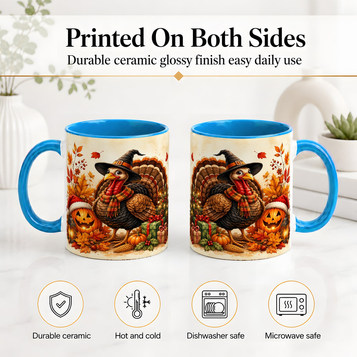#pl[11oz|Blue] Holiday Turkey Accent Mug, Ceramic Mug with Witch Hat Autumn Art
