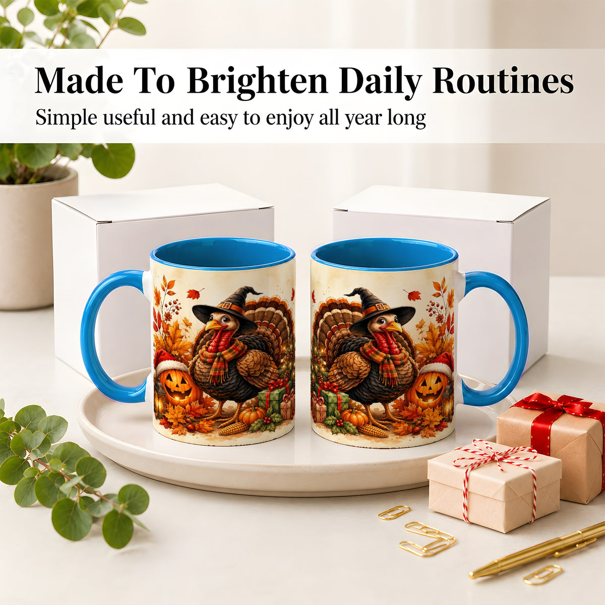 #pl[11oz|Blue] Holiday Turkey Accent Mug, Ceramic Mug with Witch Hat Autumn Art