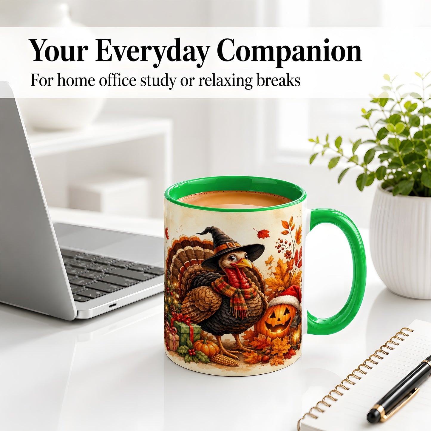 #pl[11oz|Green] Holiday Turkey Accent Mug, Ceramic Mug with Witch Hat Autumn Art