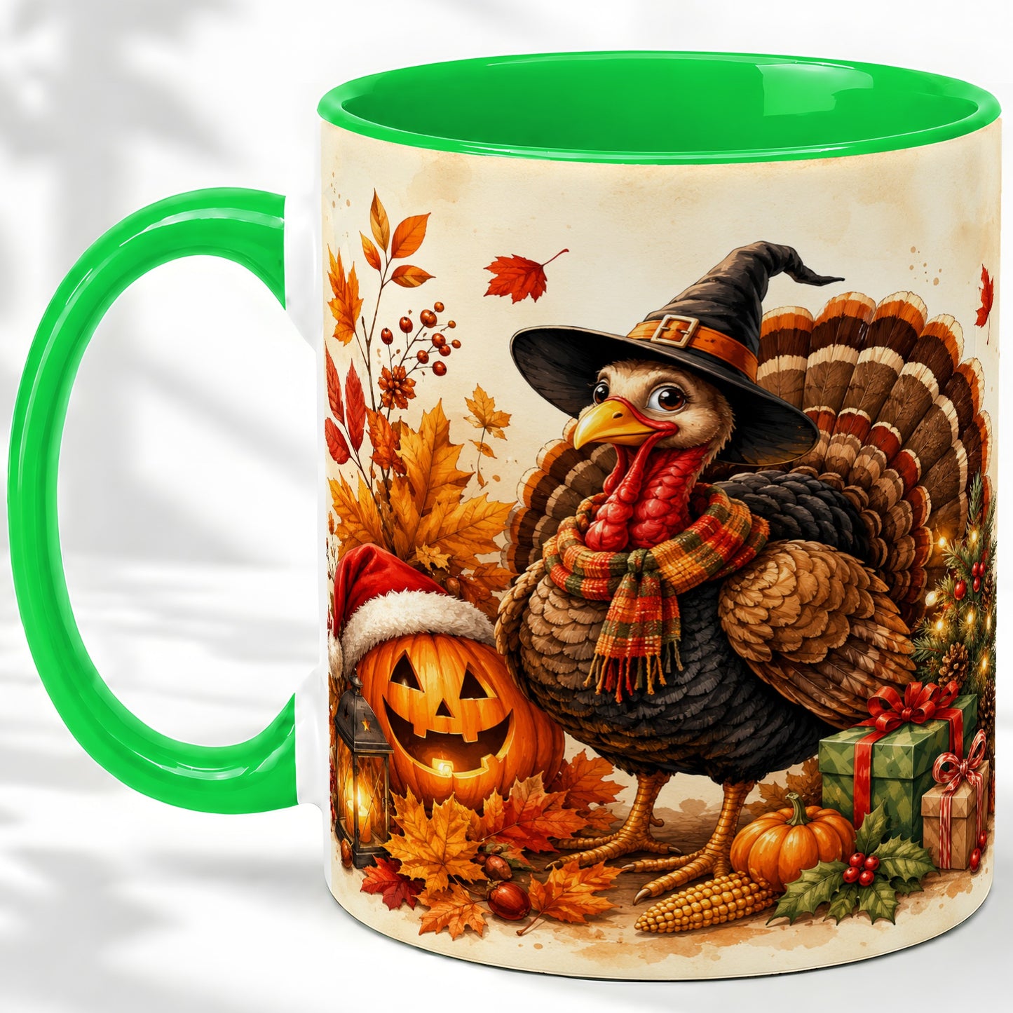#pl[11oz|Green] Holiday Turkey Accent Mug, Ceramic Mug with Witch Hat Autumn Art