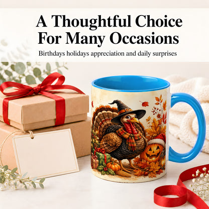 #pl[11oz|Blue] Holiday Turkey Accent Mug, Ceramic Mug with Witch Hat Autumn Art