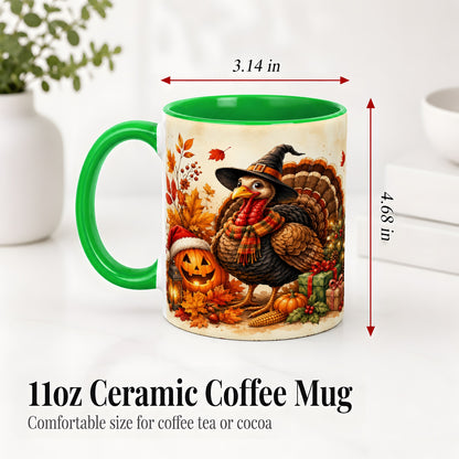 #pl[11oz|Green] Holiday Turkey Accent Mug, Ceramic Mug with Witch Hat Autumn Art
