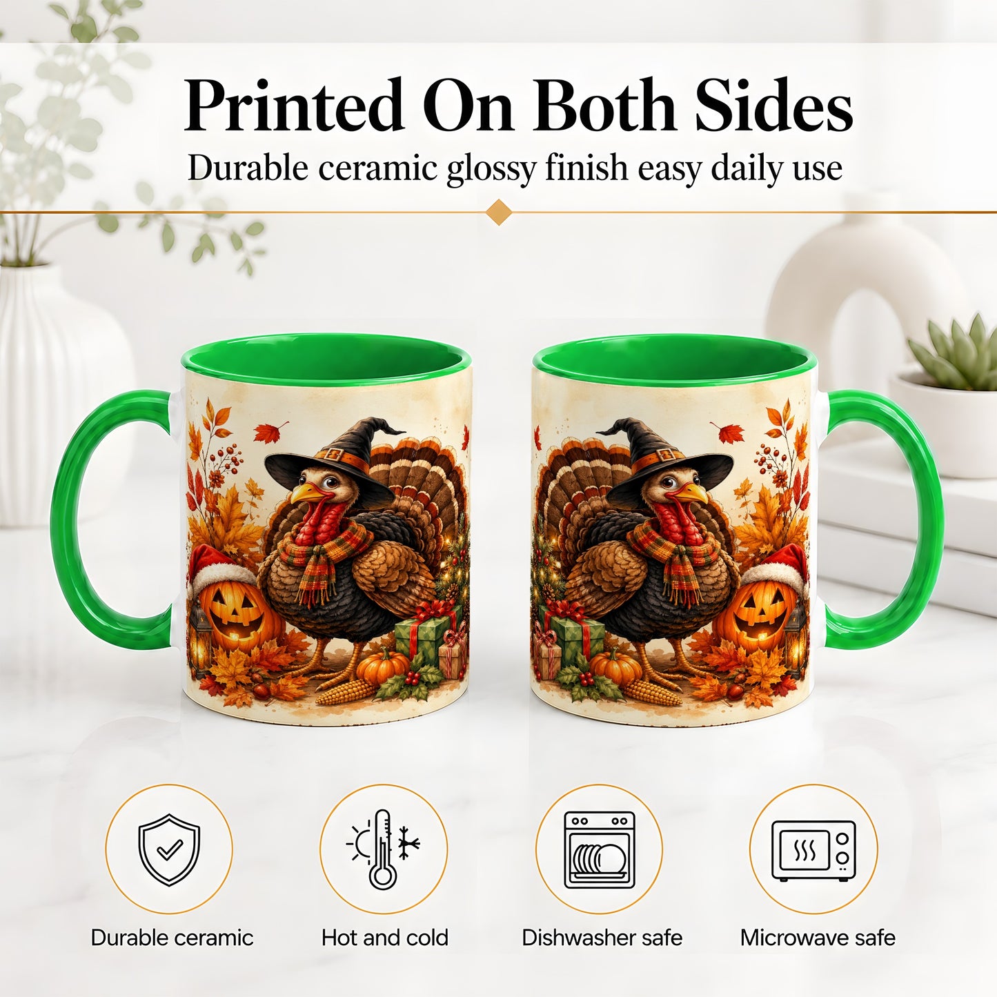 #pl[11oz|Green] Holiday Turkey Accent Mug, Ceramic Mug with Witch Hat Autumn Art