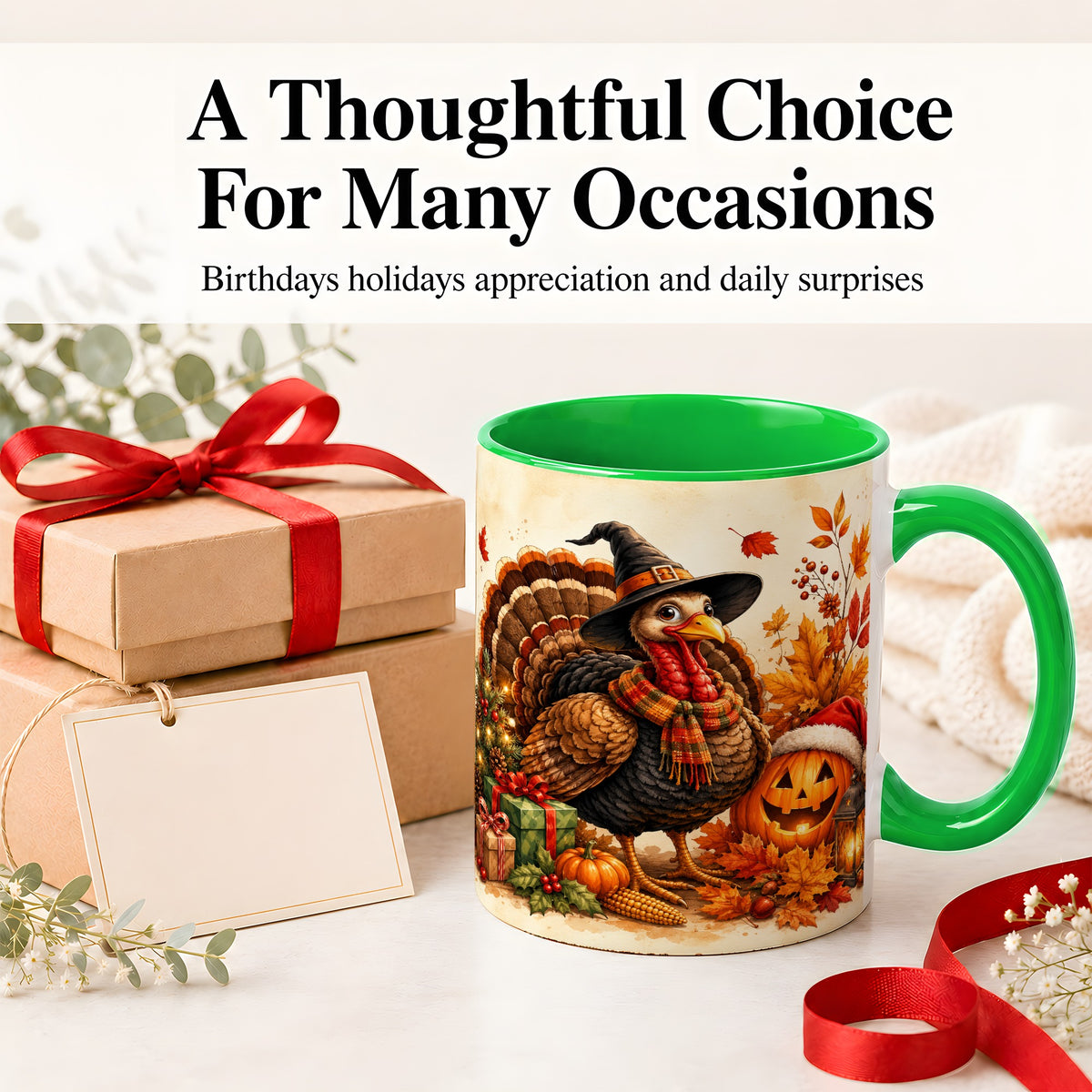 #pl[11oz|Green] Holiday Turkey Accent Mug, Ceramic Mug with Witch Hat Autumn Art