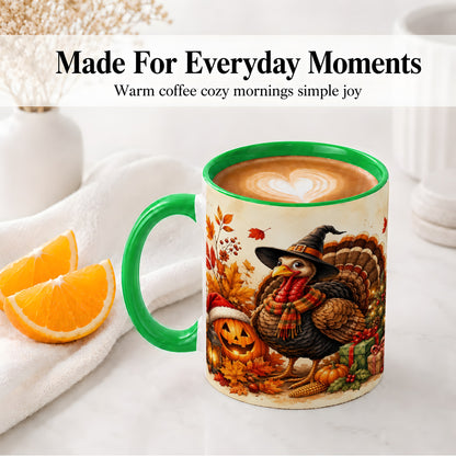 #pl[11oz|Green] Holiday Turkey Accent Mug, Ceramic Mug with Witch Hat Autumn Art